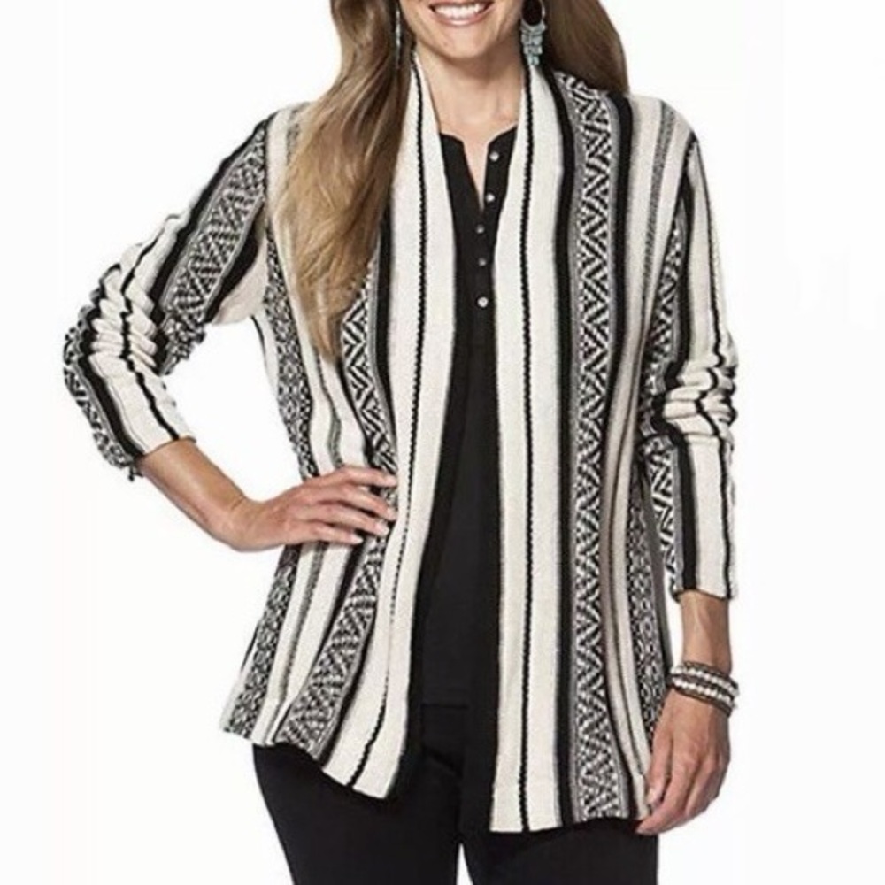 Chaps Black & Ivory Aztec Southwestern Knit Open Front Cardigan